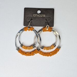 Chico's Silver Double Hoop Earrings with Orange Beads